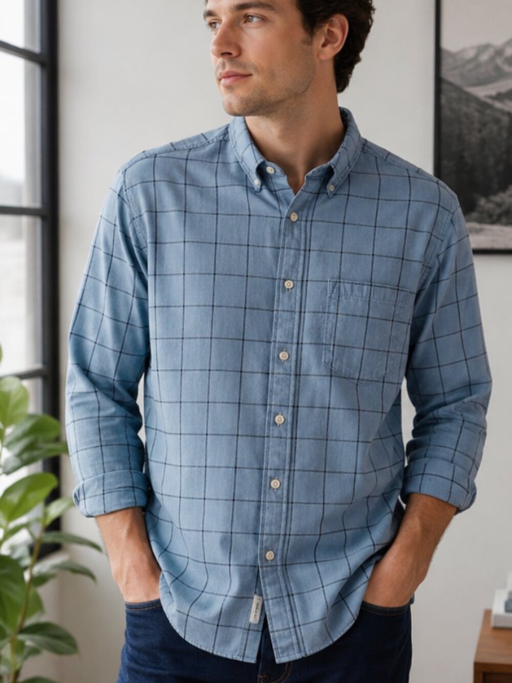Madewell Arctic Blue Windowpane Soft Denim Shirt Long Sleeve M NWT